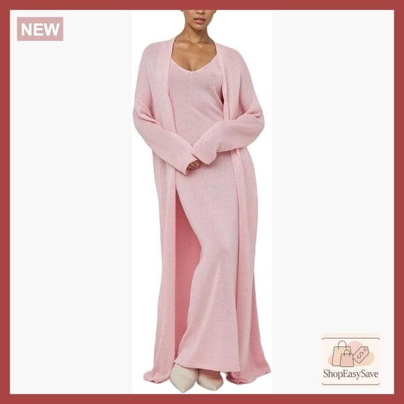 Knit Maxi Dress and Duster Cardigan Set Cozy Lounge Elegant Bodycon